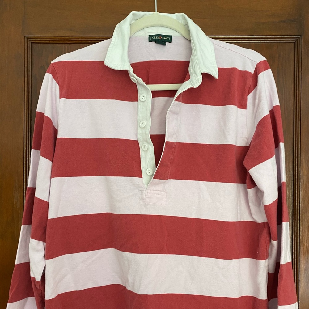 J Crew rugby shirt L light pink/raspberry stripe💕